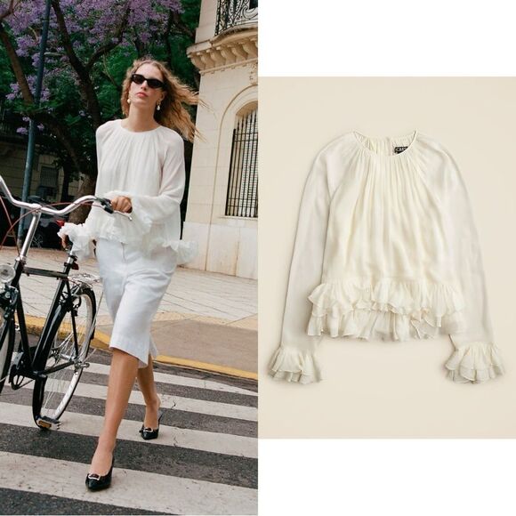 NWT J CREW Collection ruffle top in viscose chiffon in Ivory - Picture 1 of 8